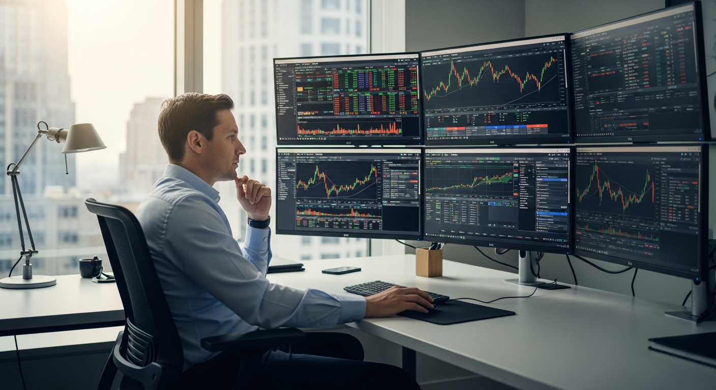 Professional trader analyzing multi-market data on LYNX Online Brokerage Trading Platform