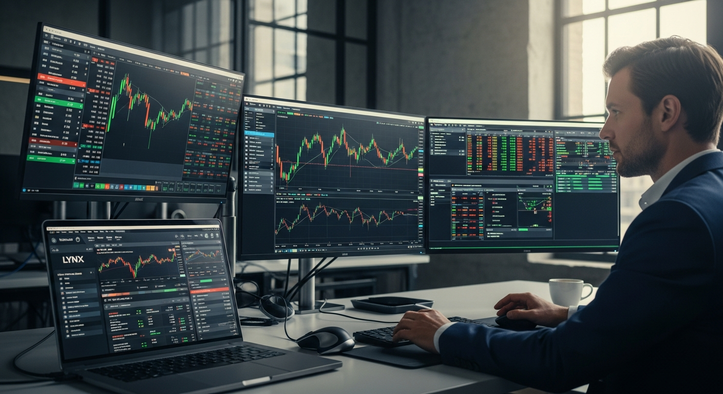 LYNX online trading platform interface showing global stock exchange access and professional trading tools