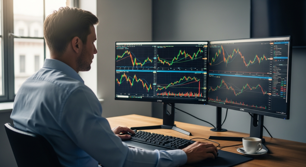 LYNX+ multi-asset trading platform interface showing advanced charting tools and options analytics dashboard