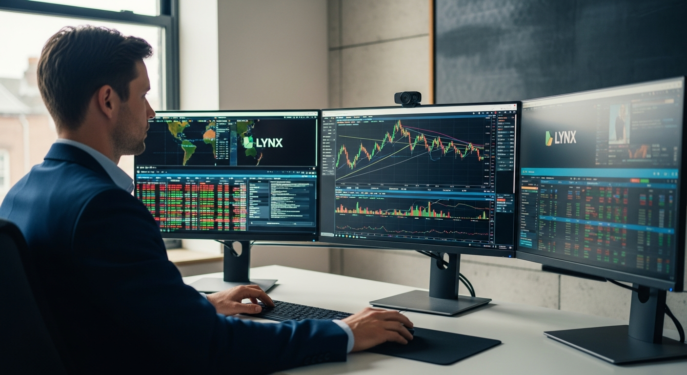 Active trader analyzing global markets on LYNX Broker advanced trading platform with multiple screens