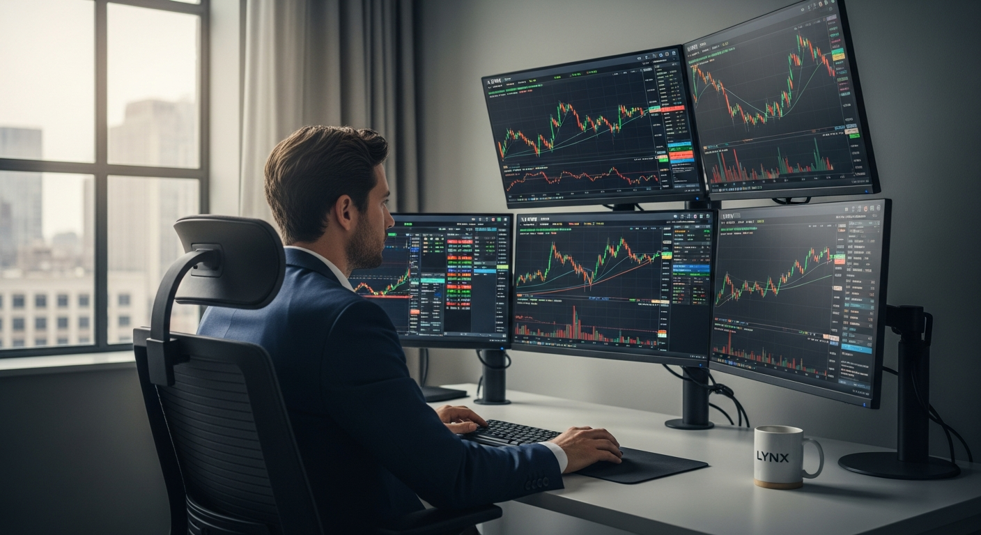 LYNX Online Brokerage Account interface showing global market access across 100+ exchanges with LYNX+ Trading Platform dashboard