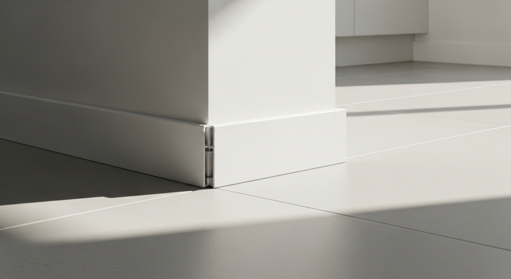 White MDF tile baseboard cover strip RAL 9016 installed over existing Fliesensockel