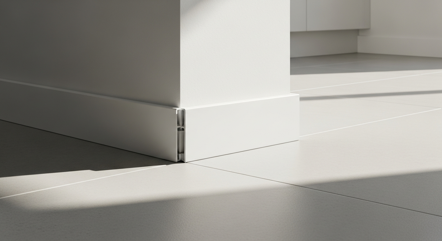 White MDF tile baseboard cover strip RAL 9016 installed over existing Fliesensockel