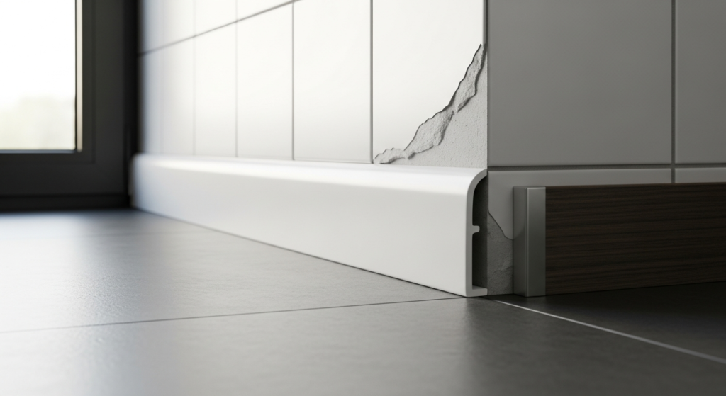 White MDF cover strip concealing damaged tile skirting in modern kitchen