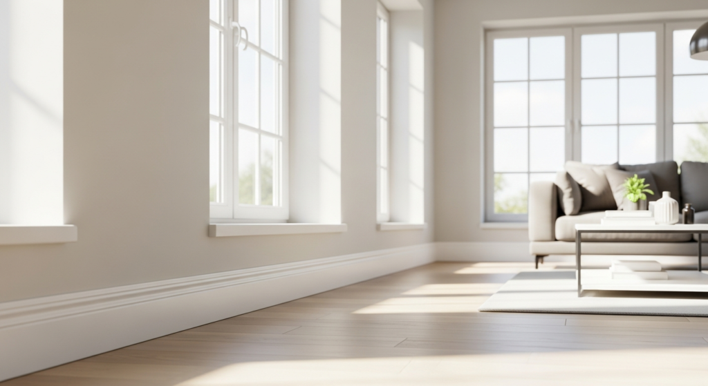 White MDF Hamburger Profil skirting board with integrated cable channel and RAL 9016 finish