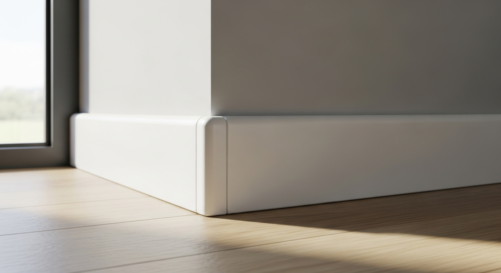 White MDF Hamburger profile skirting board with integrated cable channel detail