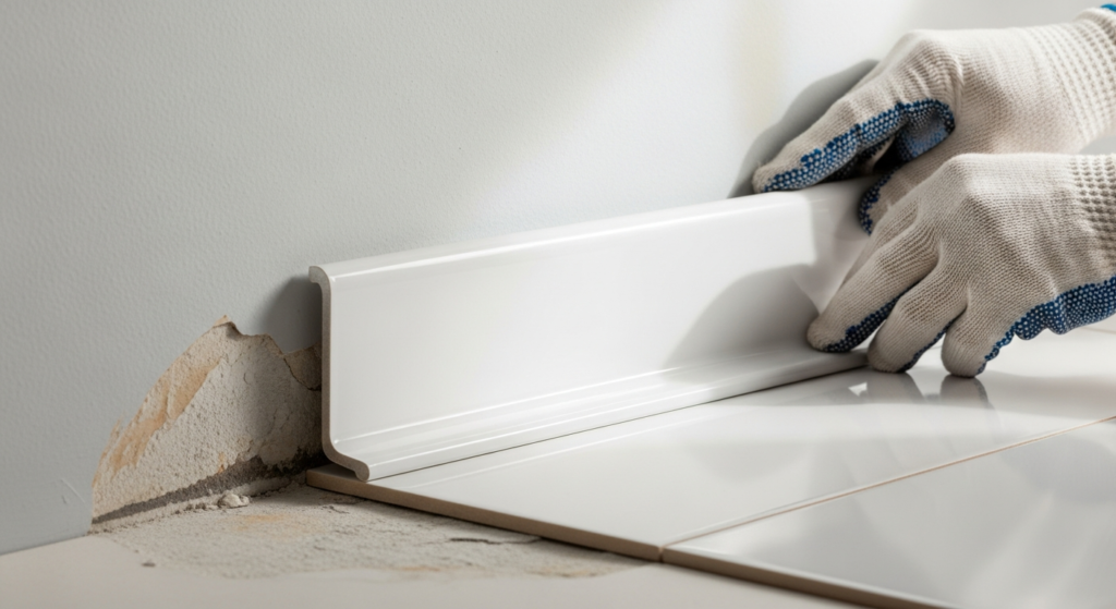 Leistenhammer Fliesensockel Abdeckleiste RAL 9016 white MDF tile plinth cover strip installed on wall