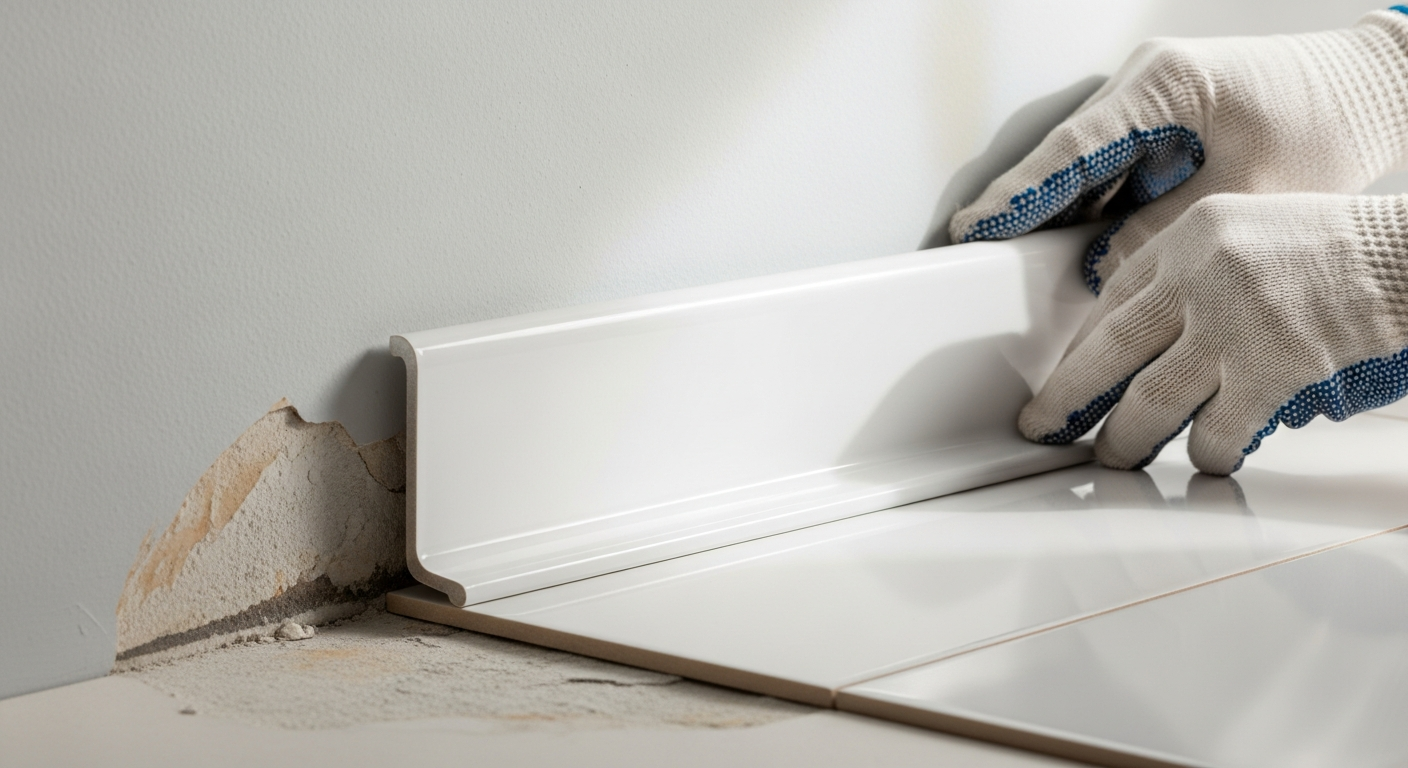 Leistenhammer Fliesensockel Abdeckleiste RAL 9016 white MDF tile plinth cover strip installed on wall