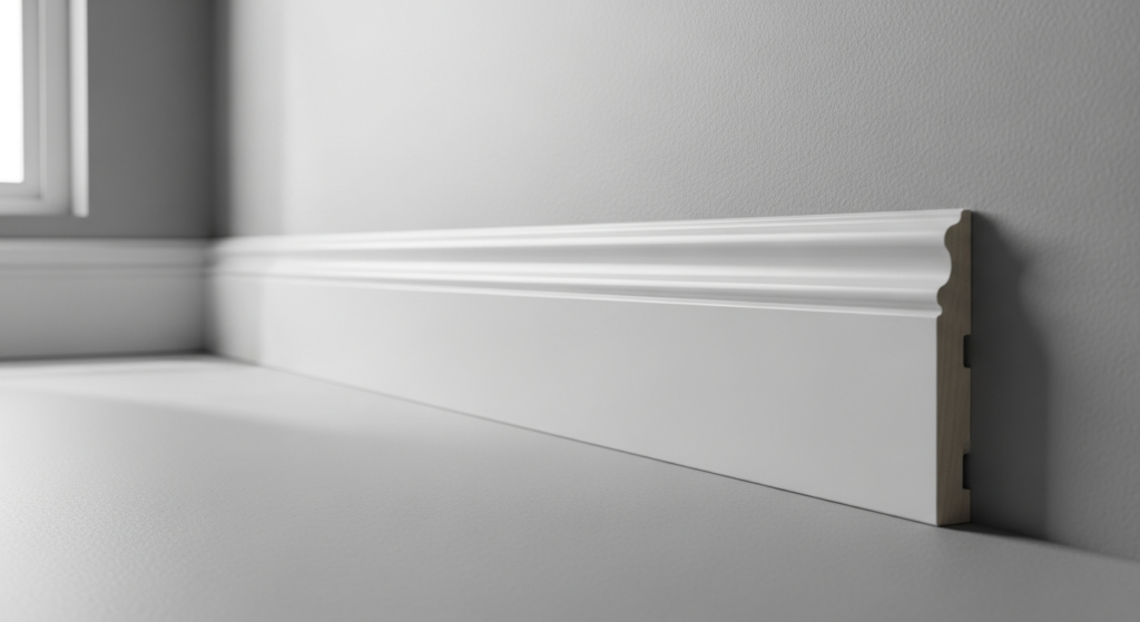 White MDF skirting board with Hamburger profile installed along floor of modern room