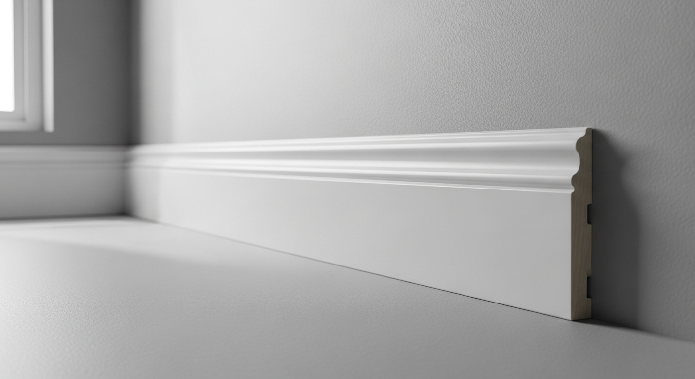 White MDF skirting board with Hamburger profile installed along floor of modern room