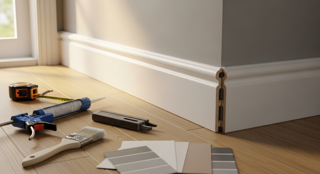 White MDF Hamburger Profil skirting board installed along wall base in modern home interior