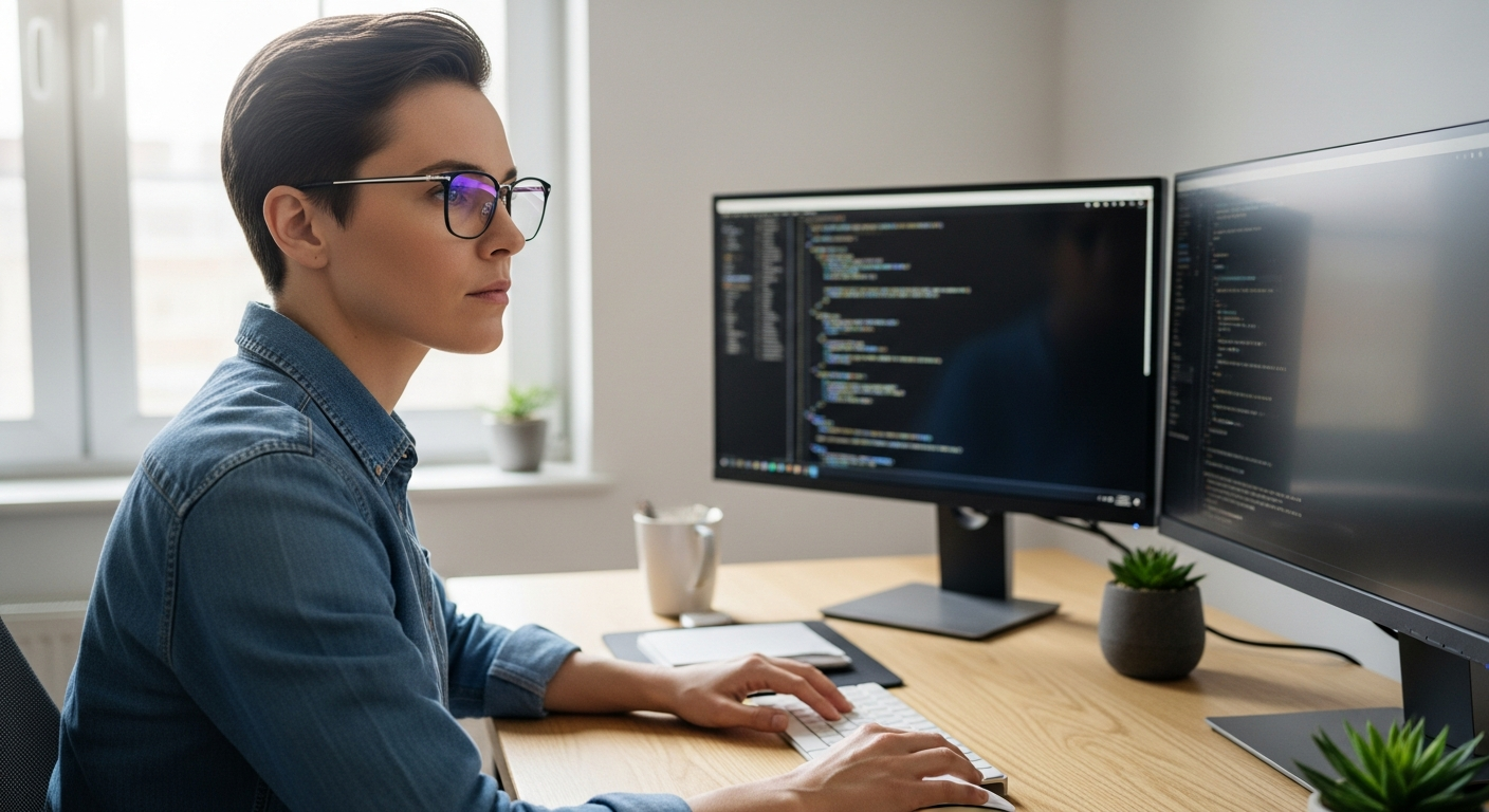 Laelia Rectangle Frame Glasses in black displayed on a desk with a computer monitor and workspace setup