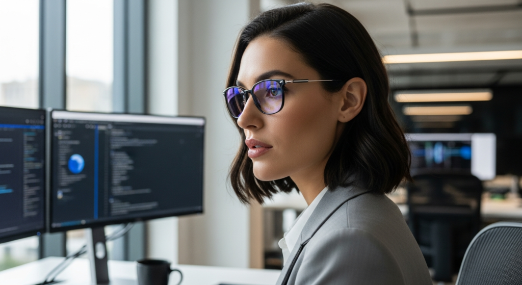 Lensmart Laelia Rectangle Eyeglasses with blue light blocking lenses displayed on a professional desk workspace