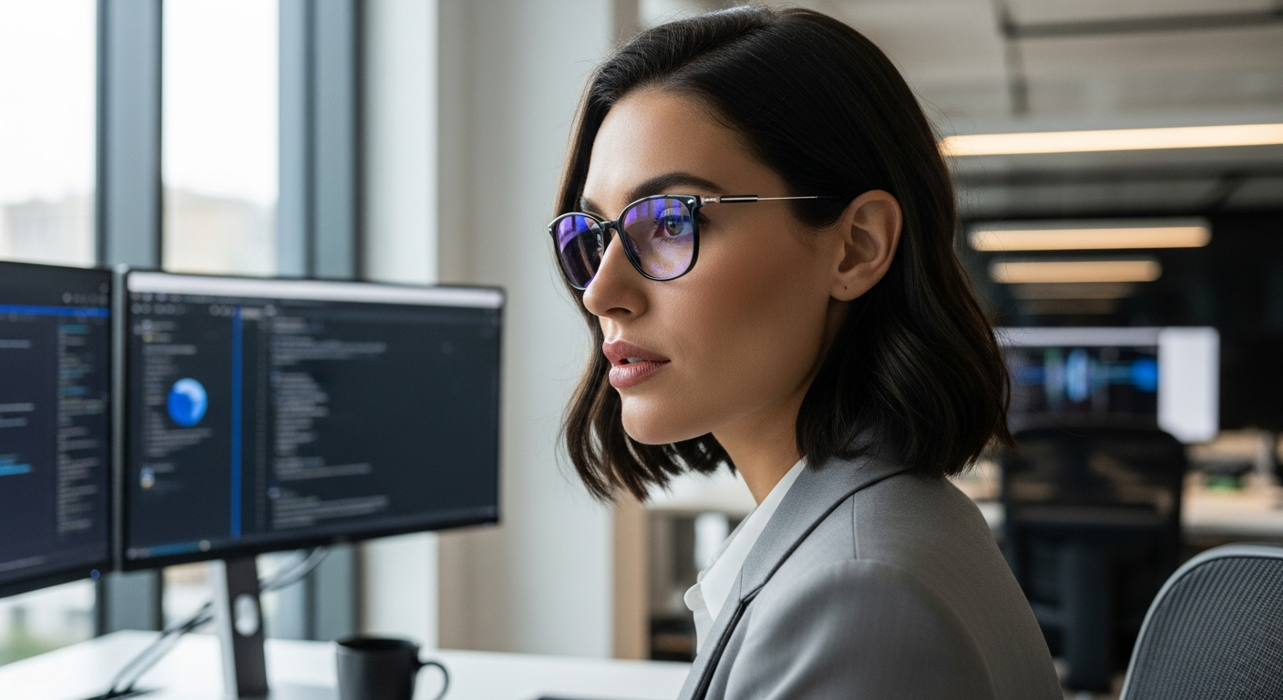 Lensmart Laelia Rectangle Eyeglasses with blue light blocking lenses displayed on a professional desk workspace