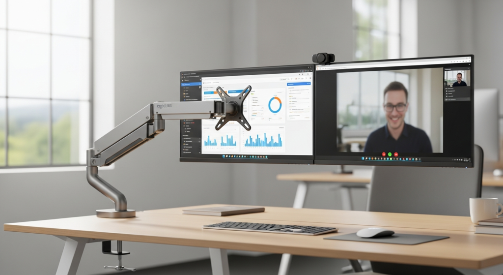 Ergotron LX Pro Monitor Tischhalterung mit C-Klemme an Schreibtisch montiert mit mehreren Monitoren