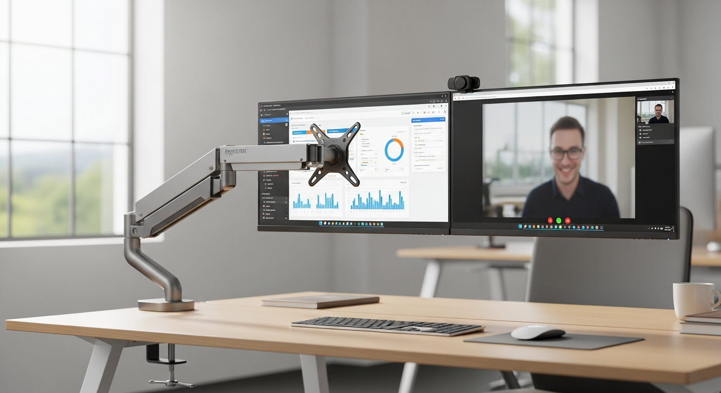 Ergotron LX Pro Monitor Tischhalterung mit C-Klemme an Schreibtisch montiert mit mehreren Monitoren