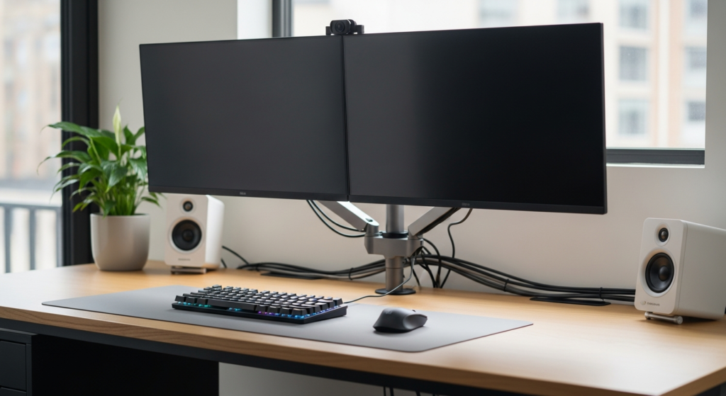 MonLines MTH013 dual monitor desk mount with aluminum arms supporting two displays on professional workspace desk