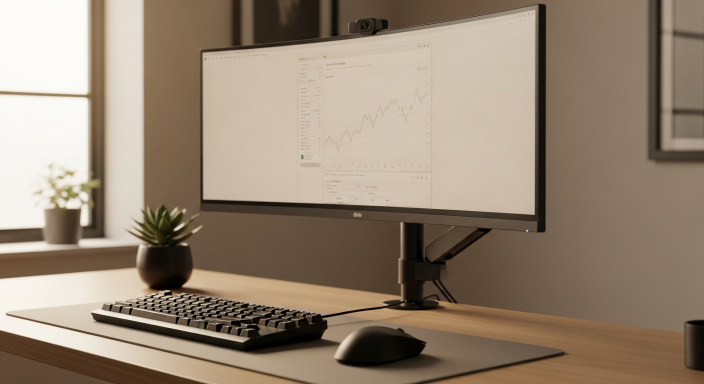 Modern home office workspace with multiple monitor mounts and ergonomic setup