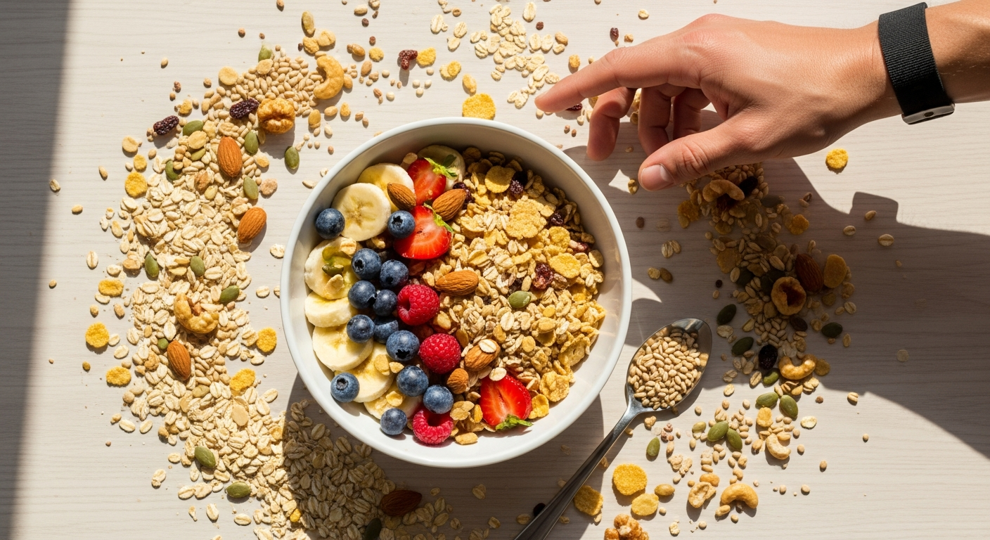 5-Grain Fruit Power Organic Muesli bowl with whole grains, dried fruits, and fitness training equipment in background