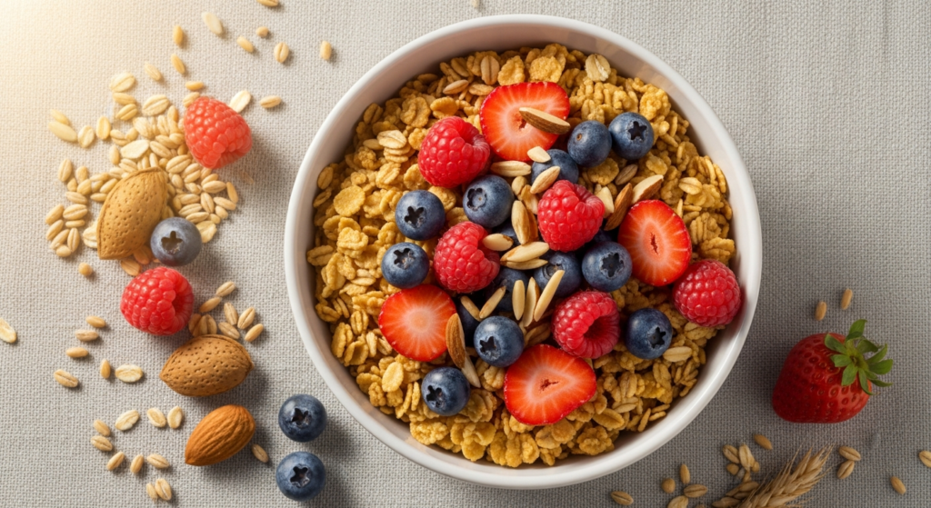 5-Korn Frucht Power BIO Müsli organic grain and dried fruit breakfast cereal in bowl