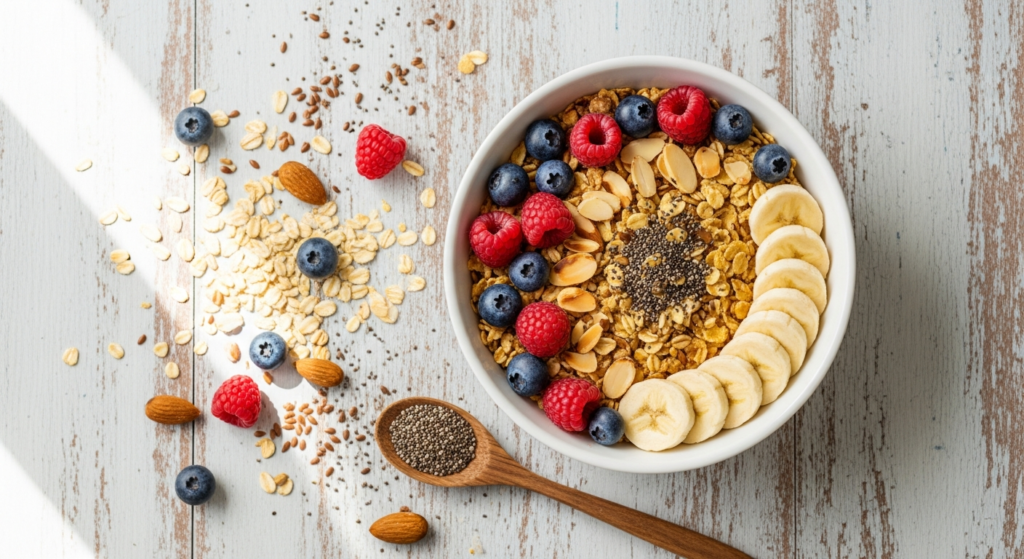 5-grain fruit power organic muesli in kraft paper packaging with visible whole grains and dried fruits