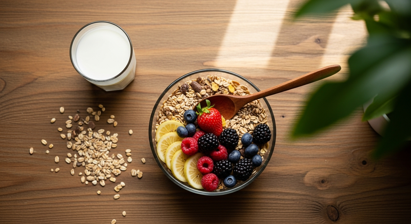 Organic 5-grain muesli with dried fruits in a white bowl with milk