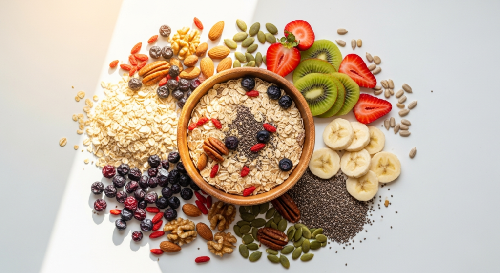 Colorful organic muesli ingredients displayed in bowls ready for custom blending