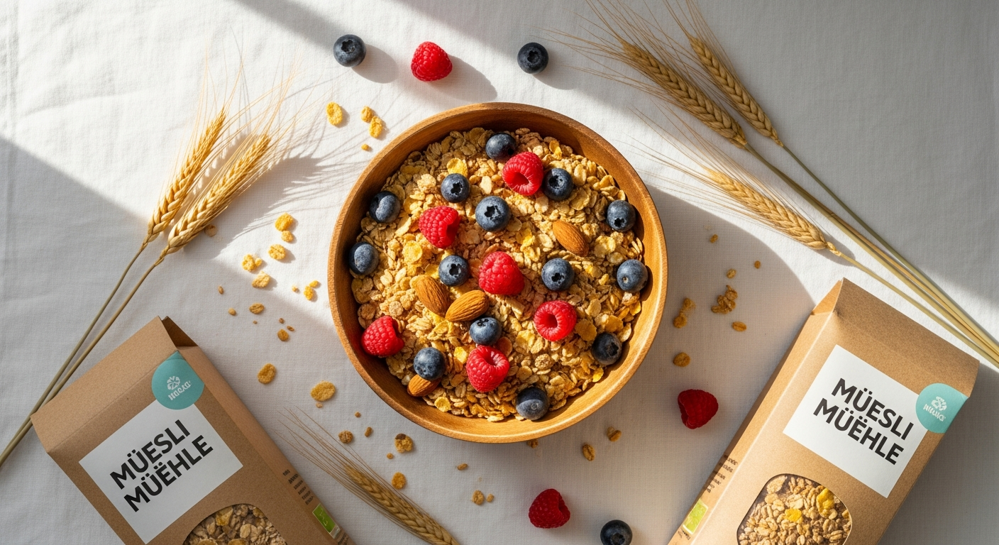 A colorful bowl of 5-Korn Frucht Power BIO Müsli with organic grains and dried fruits