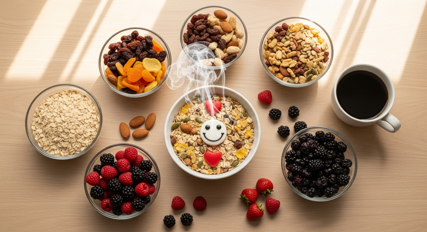 Colorful organic muesli ingredients including oats, nuts, seeds, and dried fruits displayed together