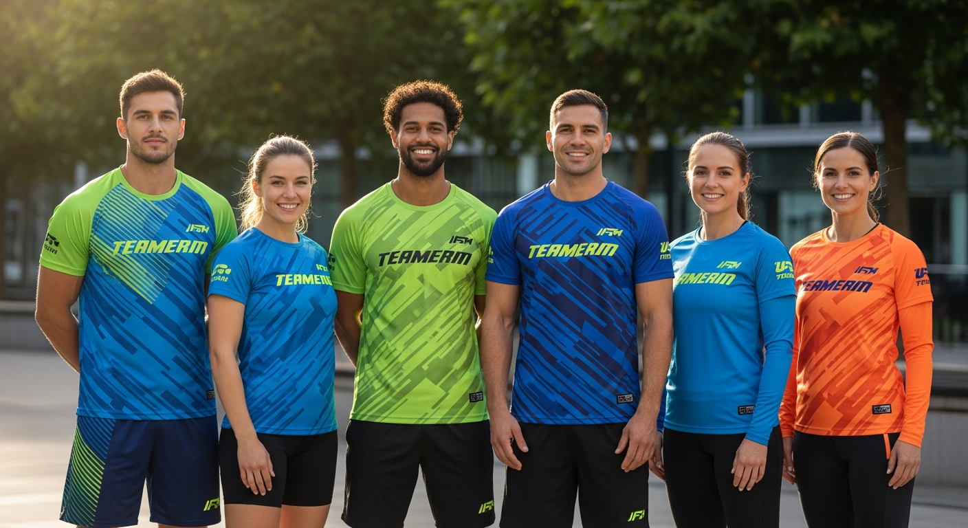 Custom team jerseys and training suits displayed with personalization options and design tools