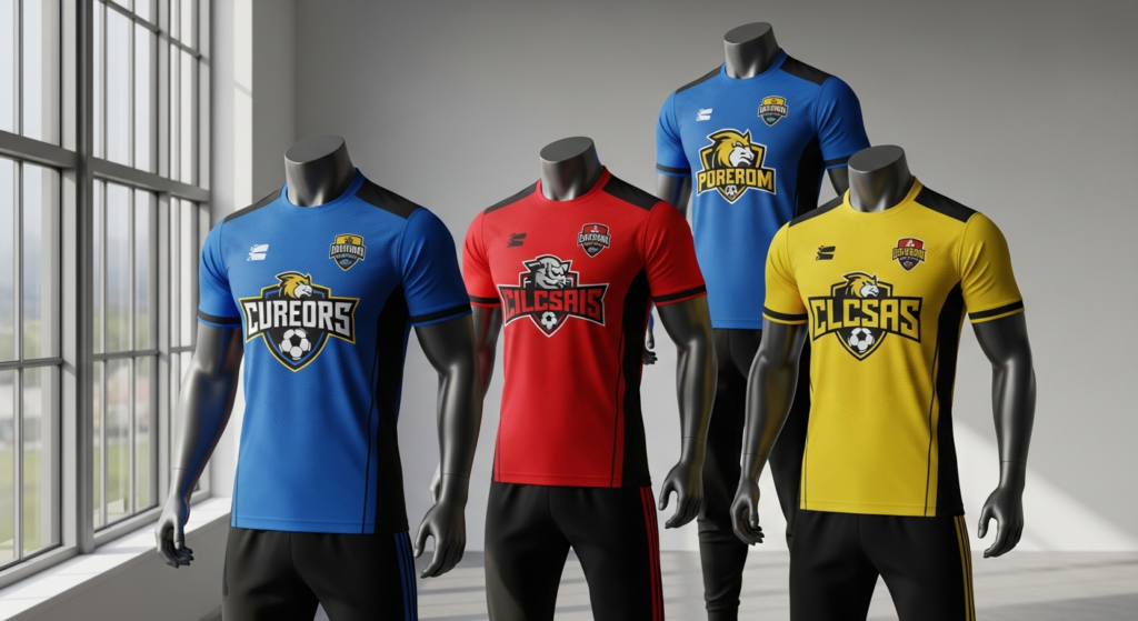 Custom team sports jerseys and training suits with personalized logos and player names displayed on athletic field