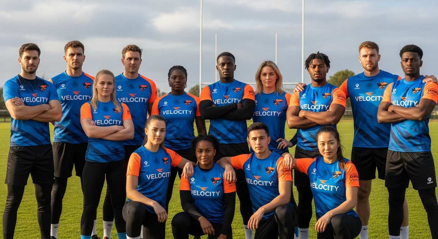 Custom team sports jerseys and training suits displayed with personalization options and design samples