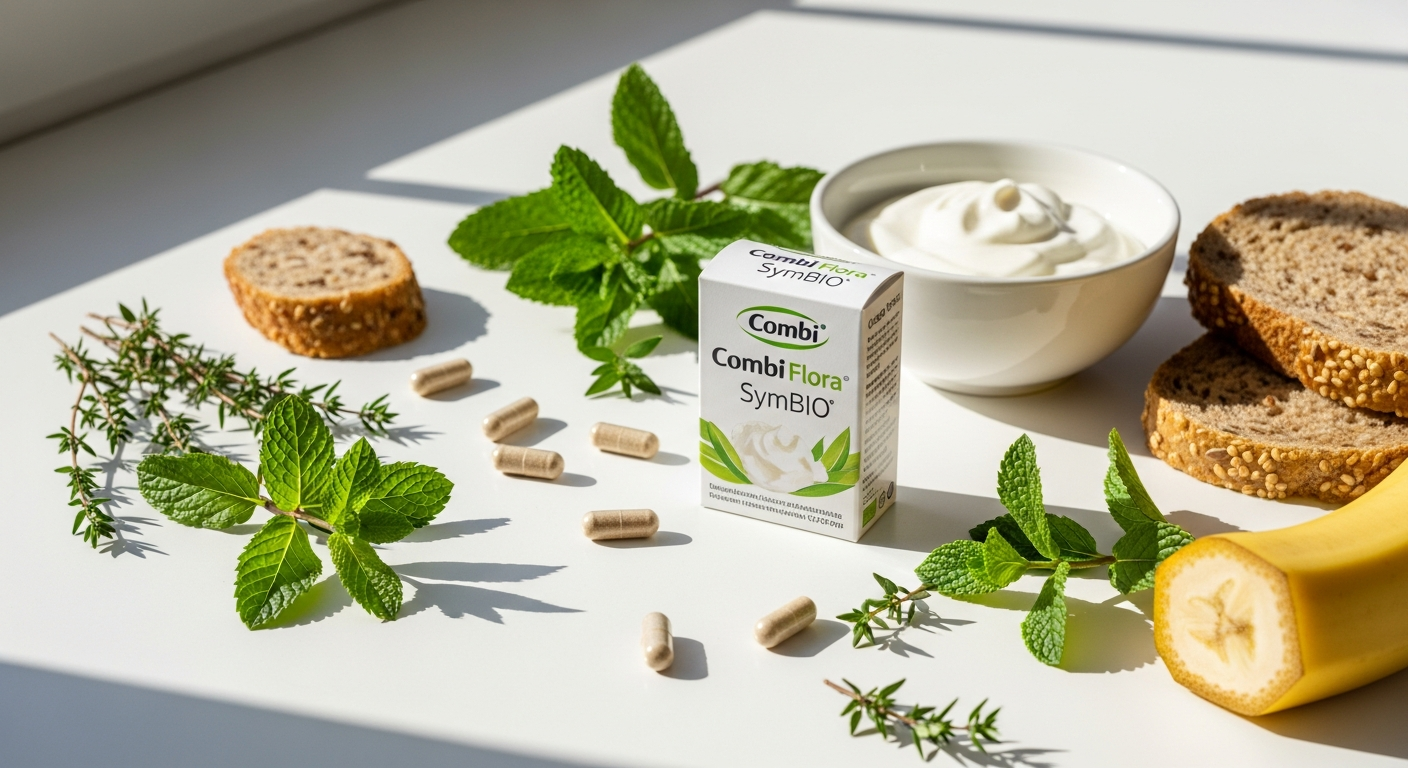 Combi Flora SymBIO gut health capsules with bacterial strains and prebiotic ingredients displayed