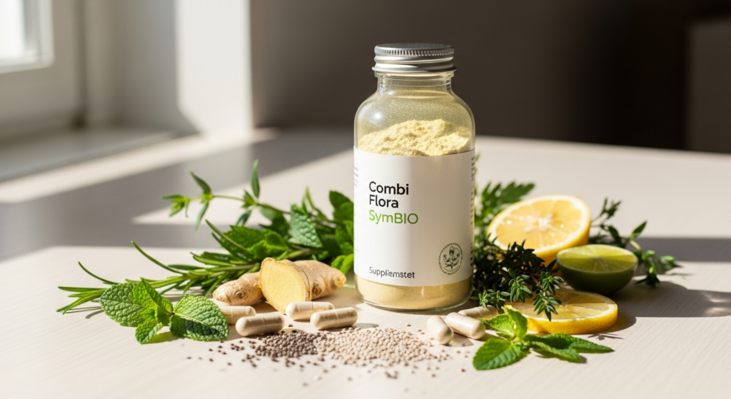 Combi Flora SymBIO probiotic supplement capsules with prebiotic acacia fiber and 14 bacterial strains for gut health