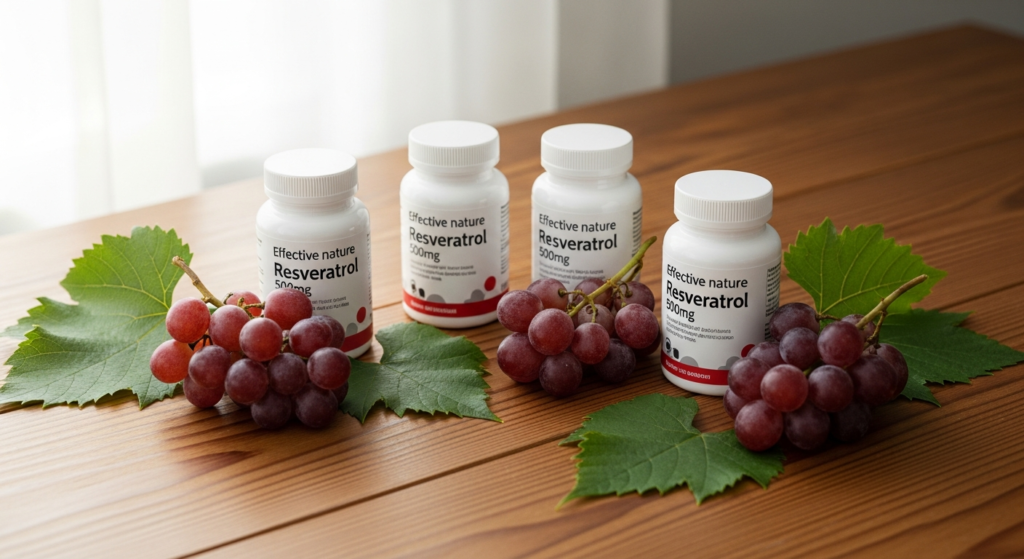 Resveratrol 500mg Kapseln von Effective Nature in einer modernen Glasflasche mit grünem Etikett auf natürlichem Hintergrund