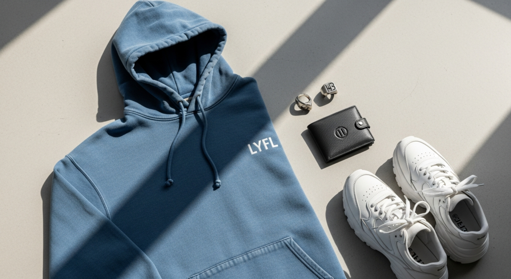 LYFL Hoodie Washed Blue from NICE.PEACE premium German streetwear brand displayed on model