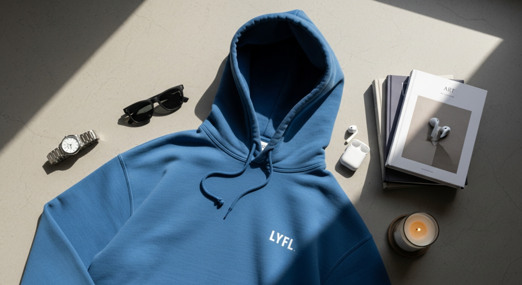 LYFL Washed Blue Hoodie from NICE.PEACE displayed on neutral background showcasing premium streetwear design