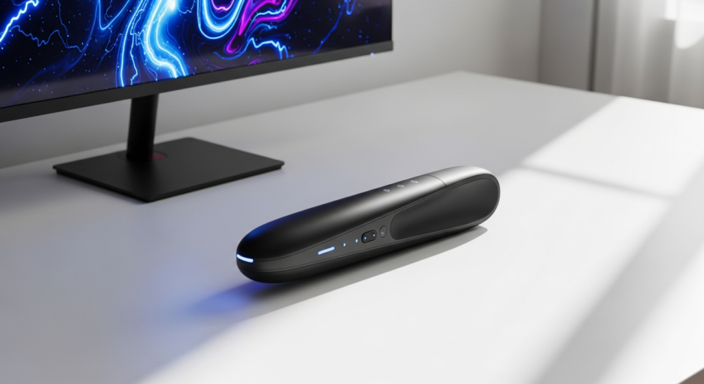 The Handy Interactive Smart Stroker device displayed with VR headset and smartphone showing content synchronization interface