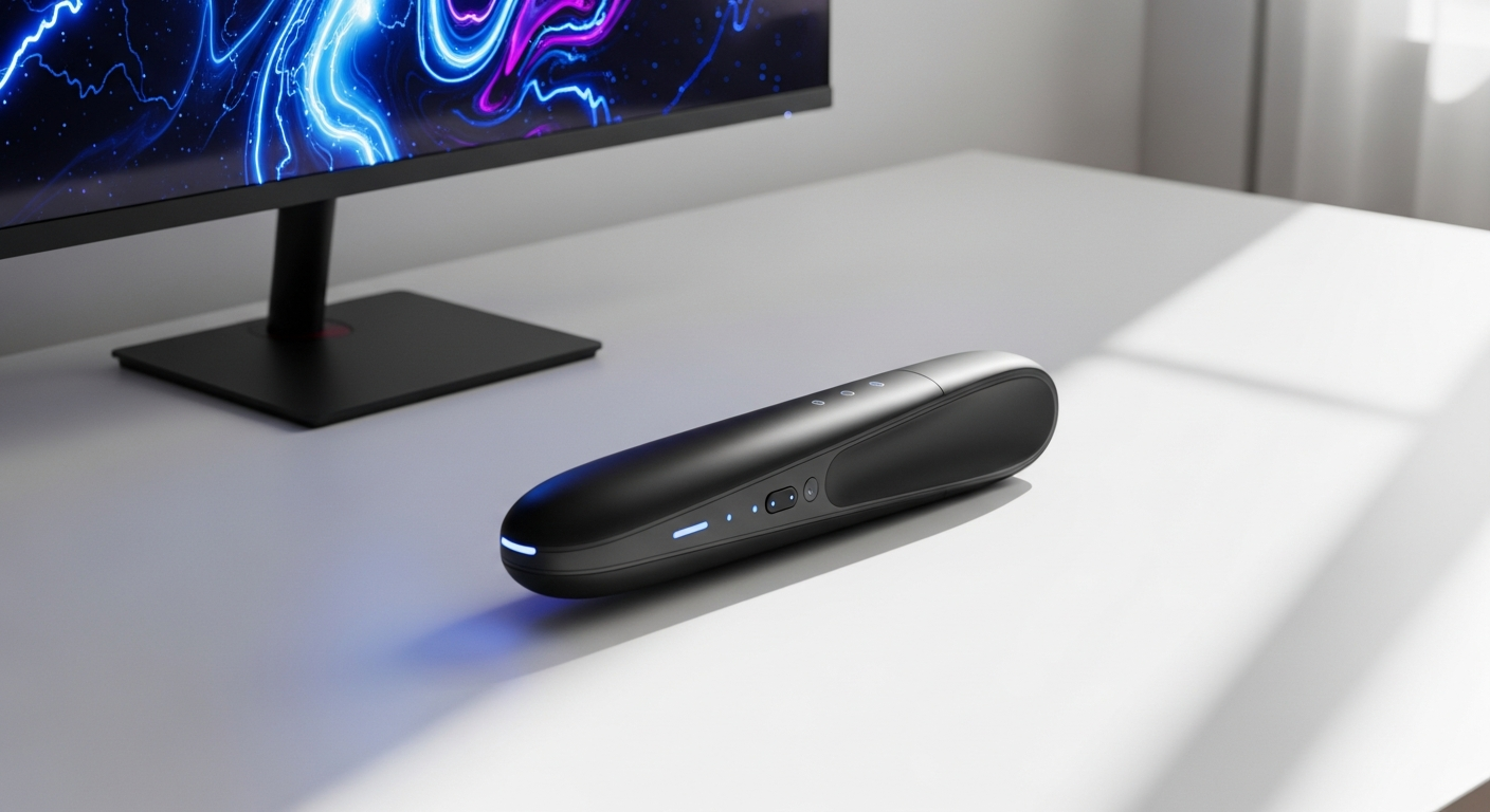 The Handy Interactive Smart Stroker device displayed with VR headset and smartphone showing content synchronization interface