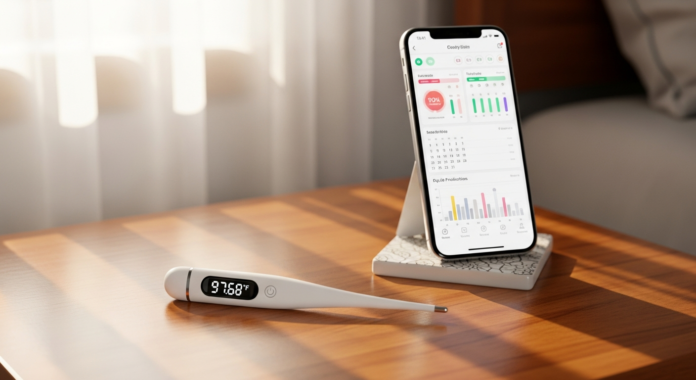 Ovy Bluetooth Basal Thermometer displaying temperature reading on illuminated screen