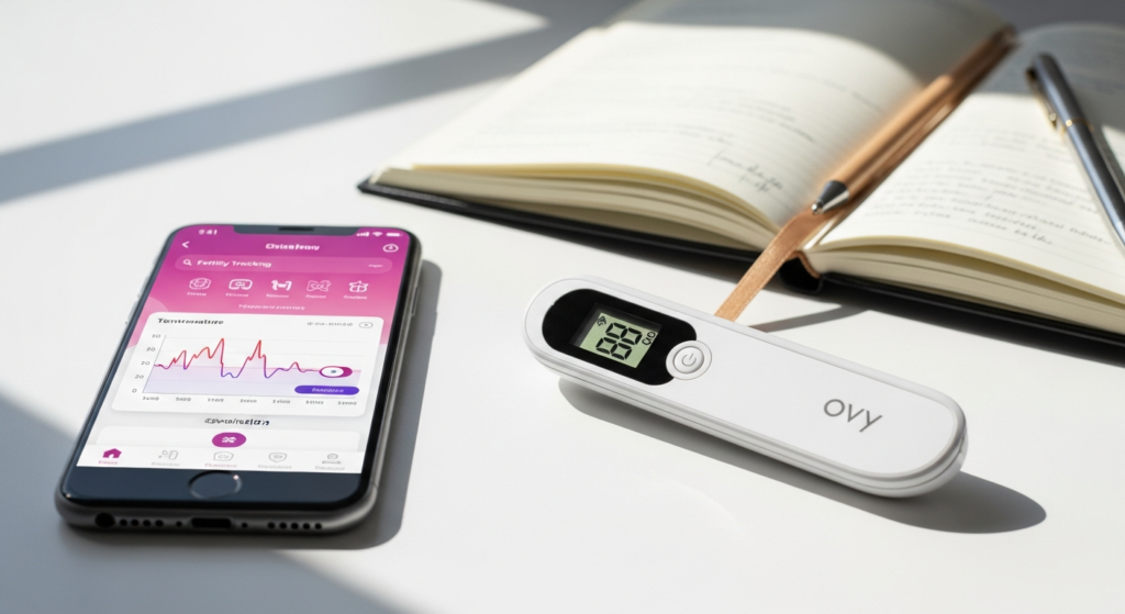 Ovy Bluetooth Basal Thermometer displayed with smartphone showing cycle tracking app interface
