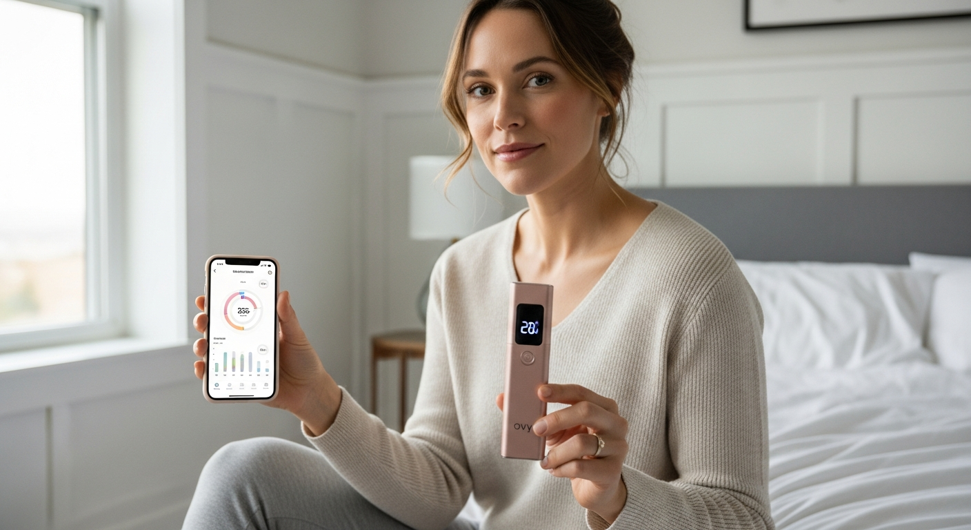 Ovy Bluetooth Basal Thermometer displaying temperature reading with smartphone app integration for cycle tracking