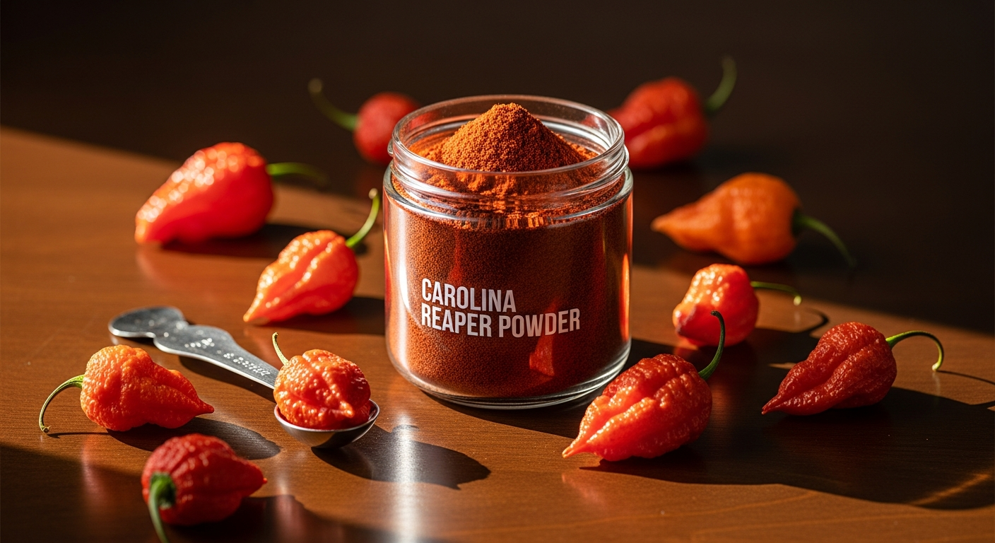 Carolina Reaper freeze-dried chili powder in a clear glass container with vibrant red powder visible