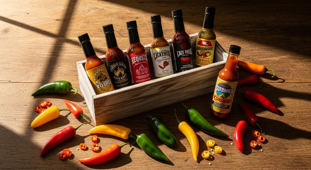 Seven colorful handcrafted hot sauce bottles from Crazy Bastard Classics Box displayed together