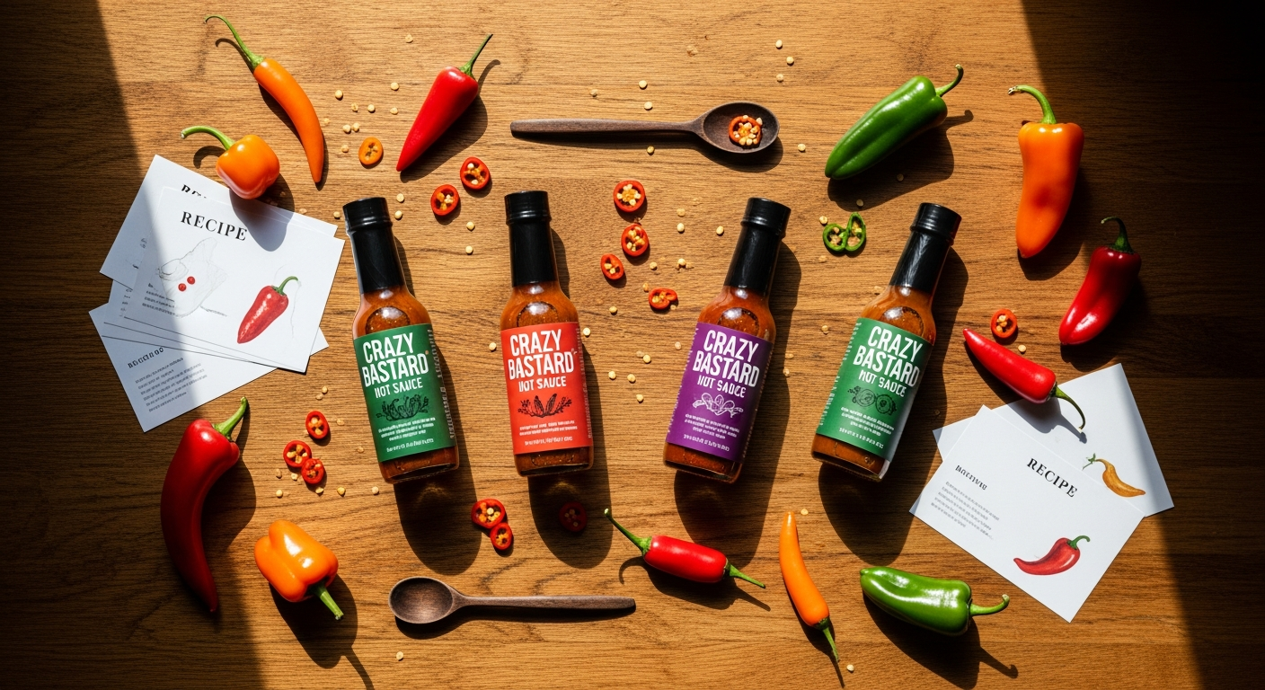 Three bottles of Crazy Bastard Hot Sauce Bestseller Set arranged by heat level on dark background