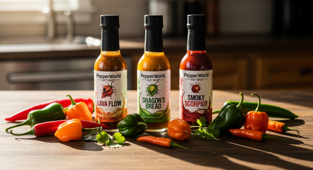 Crazy Bastard Hot Sauce Bestseller Set featuring three award-winning German hot sauce bottles with extreme heat peppers