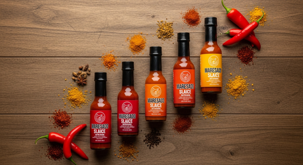 Seven colorful handcrafted hot sauce bottles arranged by heat level from mild to extreme