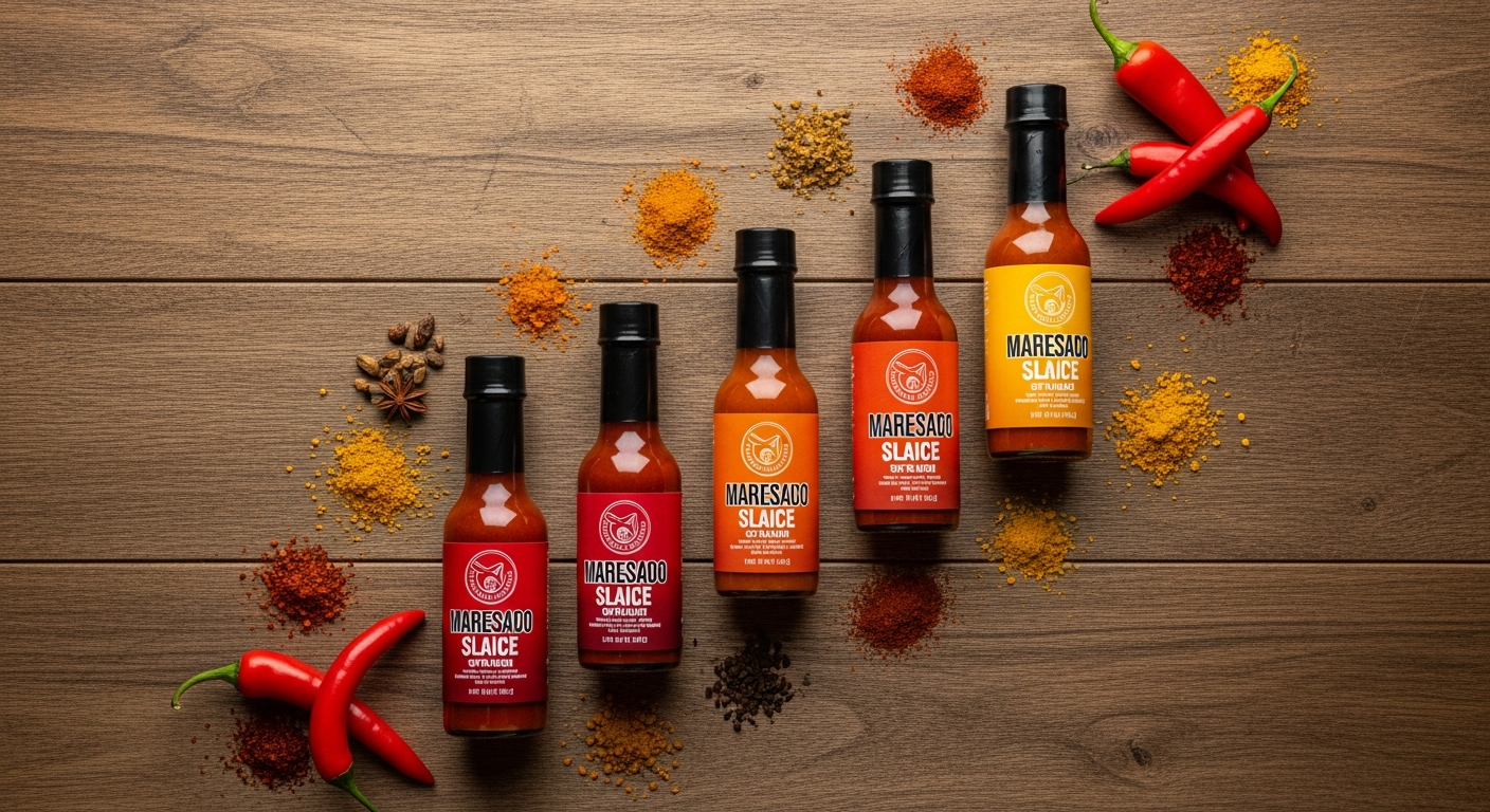 Seven colorful handcrafted hot sauce bottles arranged by heat level from mild to extreme