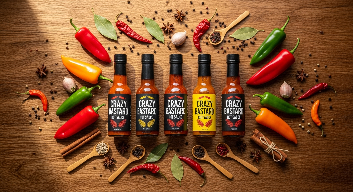 Colorful collection of natural Crazy Bastard hot sauce bottles with various chili peppers and fruits displayed