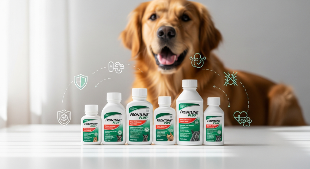 Frontline Plus flea and tick treatment bottle displayed with protected dog and cat